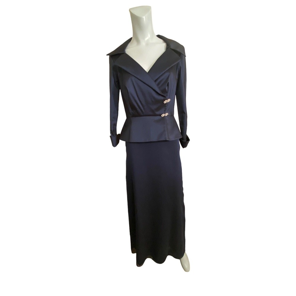 Vtg Women's 4 Cachet cocktail evening dress navy blue USA MADE Rhinestone Accent